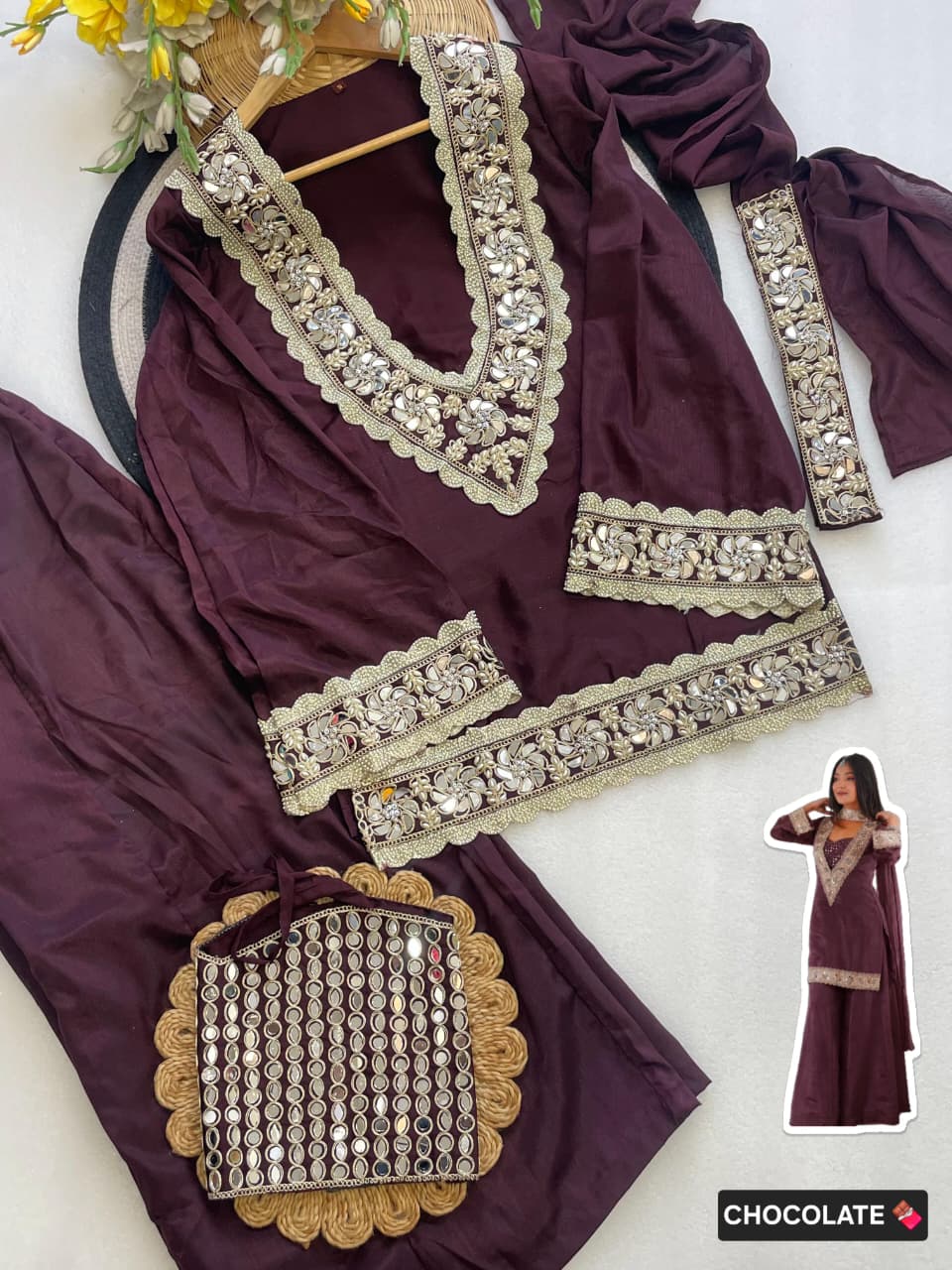 Premium Chinon 4 Piece Sharara Suit Set with Original Mirror, Diamond & Real Moti Work | Belt Style Dupatta