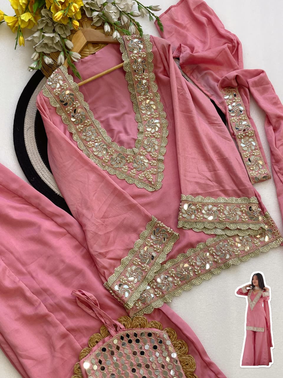 Premium Chinon 4 Piece Sharara Suit Set with Original Mirror, Diamond & Real Moti Work | Belt Style Dupatta