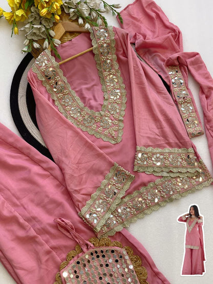 Premium Chinon 4 Piece Sharara Suit Set with Original Mirror, Diamond & Real Moti Work | Belt Style Dupatta