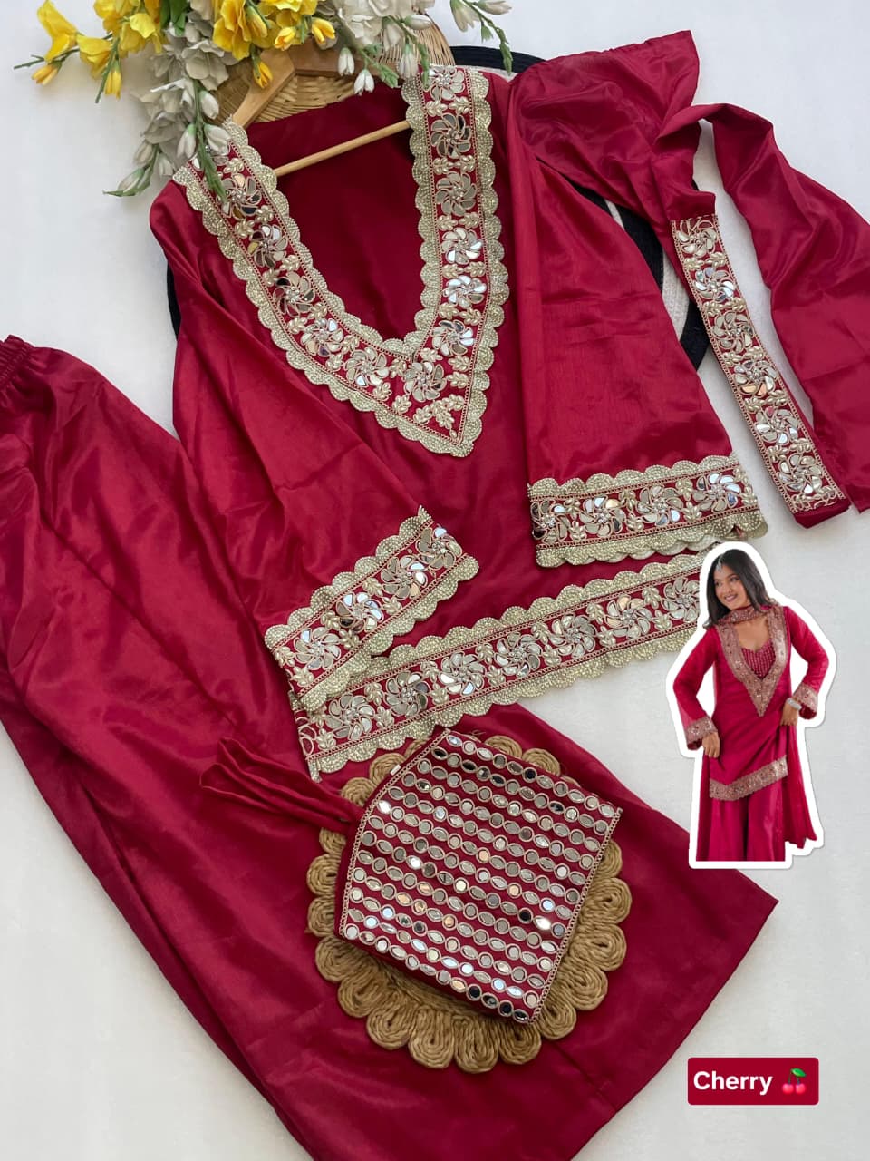 Premium Chinon 4 Piece Sharara Suit Set with Original Mirror, Diamond & Real Moti Work | Belt Style Dupatta