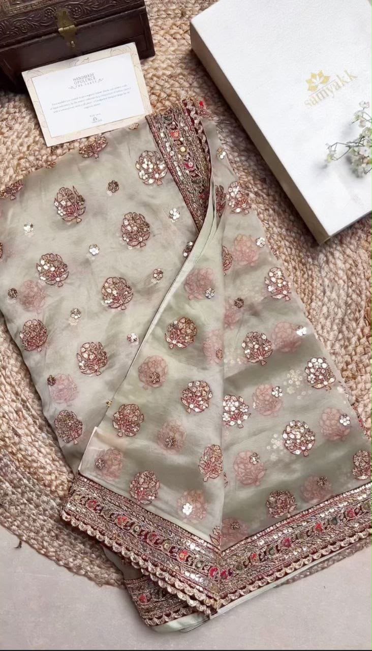Soft Organza Silk Saree with Coding Embroidery, Multi Thread Work & Sequins Butti | Velvet Embroidered Blouse | Party Wear Saree