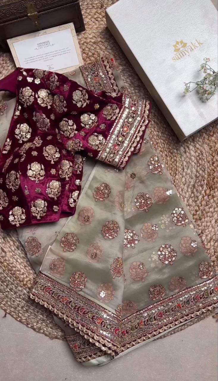 Soft Organza Silk Saree with Coding Embroidery, Multi Thread Work & Sequins Butti | Velvet Embroidered Blouse | Party Wear Saree