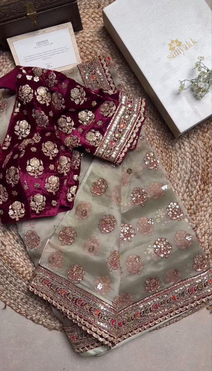 Soft Organza Silk Saree with Coding Embroidery, Multi Thread Work & Sequins Butti | Velvet Embroidered Blouse | Party Wear Saree