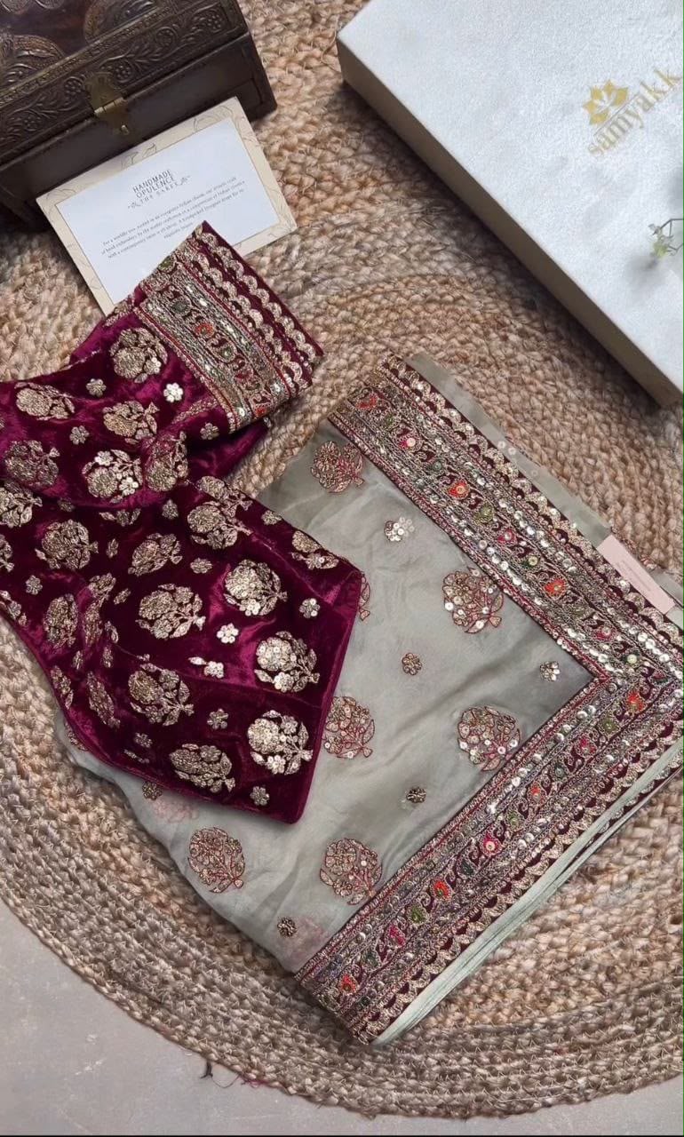 Soft Organza Silk Saree with Coding Embroidery, Multi Thread Work & Sequins Butti | Velvet Embroidered Blouse | Party Wear Saree