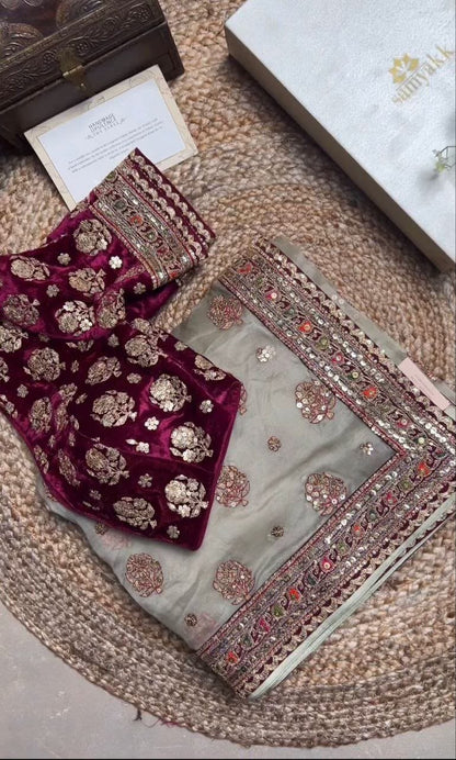 Soft Organza Silk Saree with Coding Embroidery, Multi Thread Work & Sequins Butti | Velvet Embroidered Blouse | Party Wear Saree