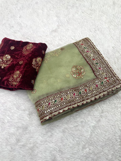 Soft Organza Silk Saree with Coding Embroidery, Multi Thread Work & Sequins Butti | Velvet Embroidered Blouse | Party Wear Saree