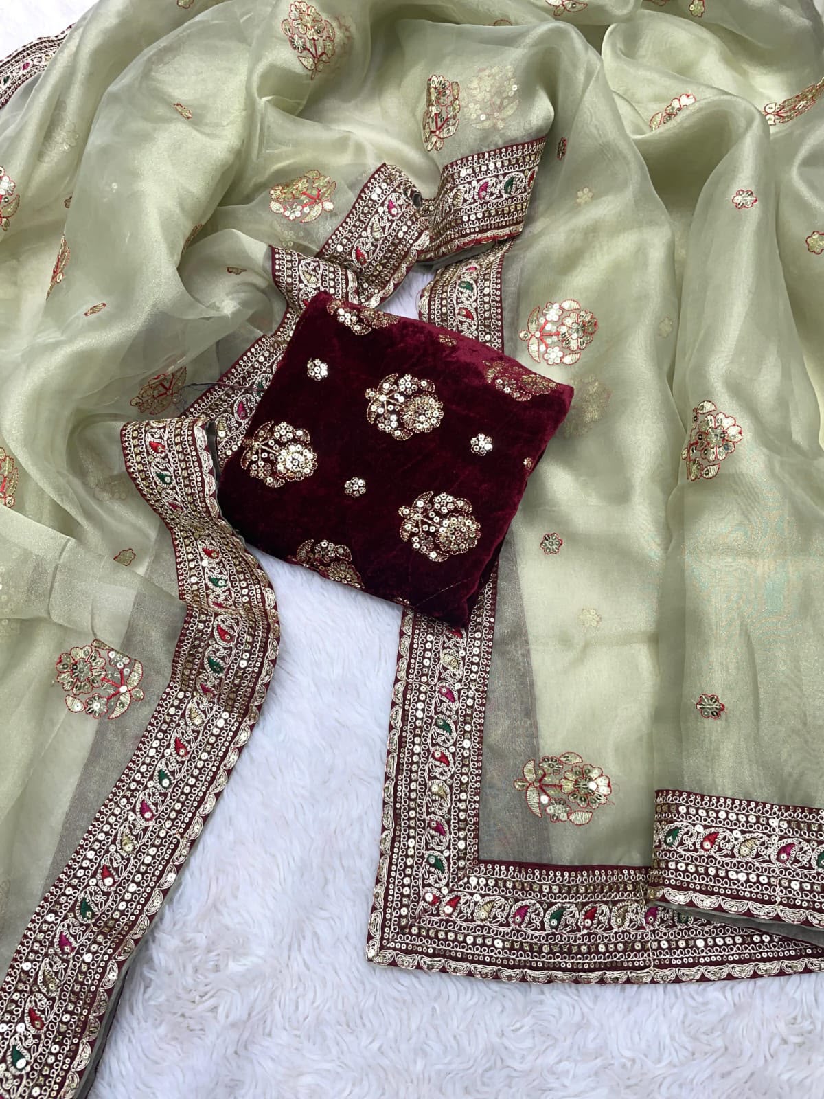 Soft Organza Silk Saree with Coding Embroidery, Multi Thread Work & Sequins Butti | Velvet Embroidered Blouse | Party Wear Saree