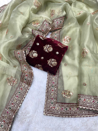 Soft Organza Silk Saree with Coding Embroidery, Multi Thread Work & Sequins Butti | Velvet Embroidered Blouse | Party Wear Saree