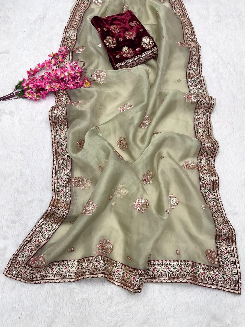 Soft Organza Silk Saree with Coding Embroidery, Multi Thread Work & Sequins Butti | Velvet Embroidered Blouse | Party Wear Saree