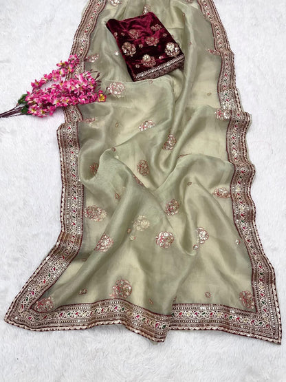 Soft Organza Silk Saree with Coding Embroidery, Multi Thread Work & Sequins Butti | Velvet Embroidered Blouse | Party Wear Saree