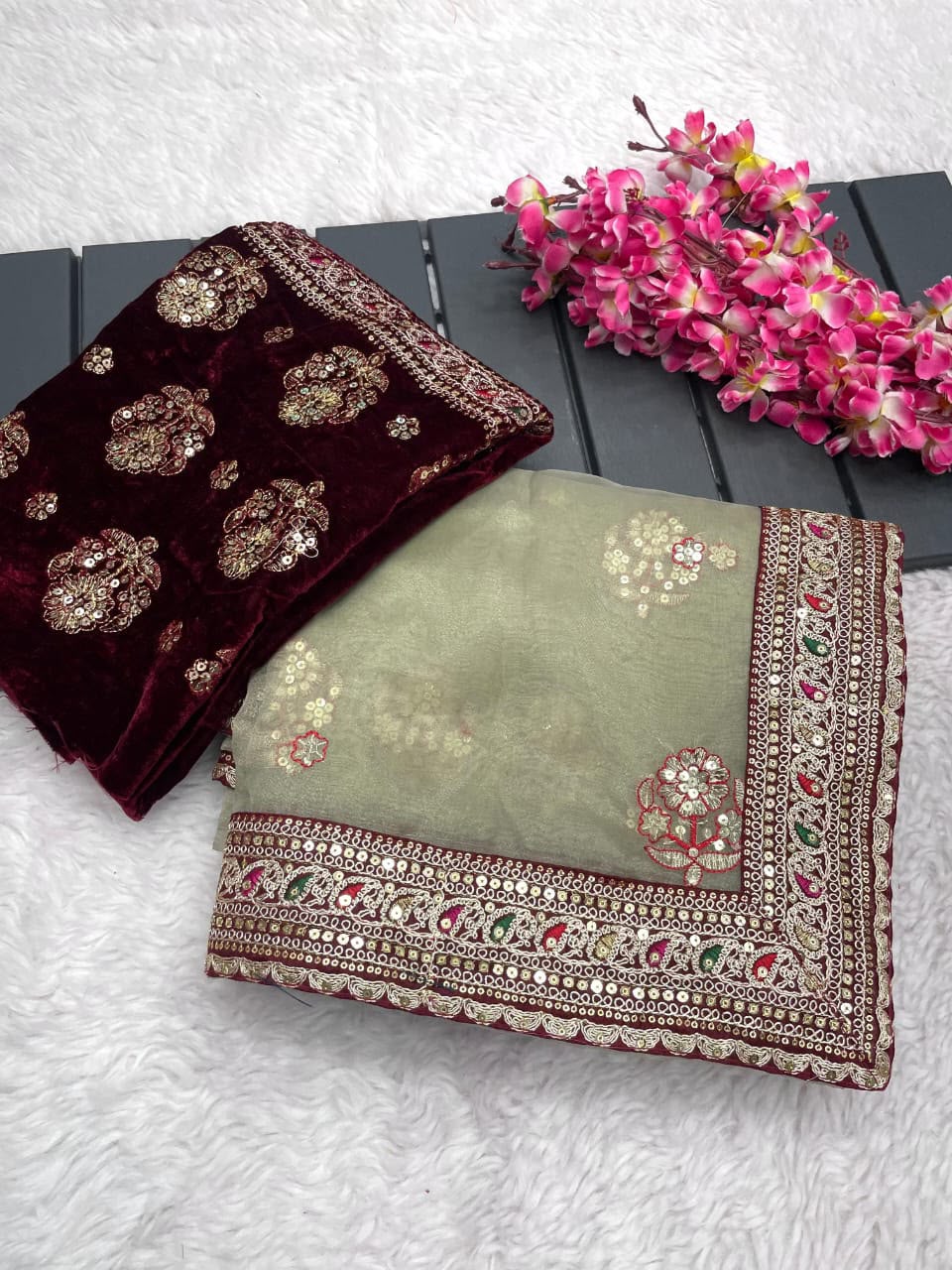 Soft Organza Silk Saree with Coding Embroidery, Multi Thread Work & Sequins Butti | Velvet Embroidered Blouse | Party Wear Saree