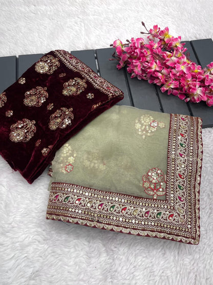 Soft Organza Silk Saree with Coding Embroidery, Multi Thread Work & Sequins Butti | Velvet Embroidered Blouse | Party Wear Saree