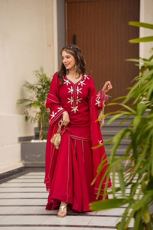 Heavenly Handmade Chiffon Kurta Sharara Palazzo Set with Hand Charkhi Gota Patti Work & Dupatta