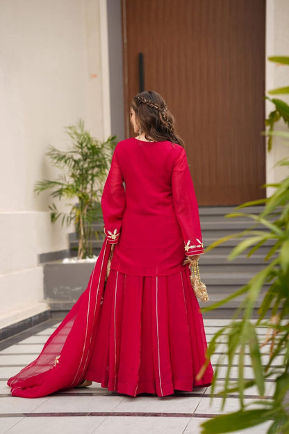 Heavenly Handmade Chiffon Kurta Sharara Palazzo Set with Hand Charkhi Gota Patti Work & Dupatta