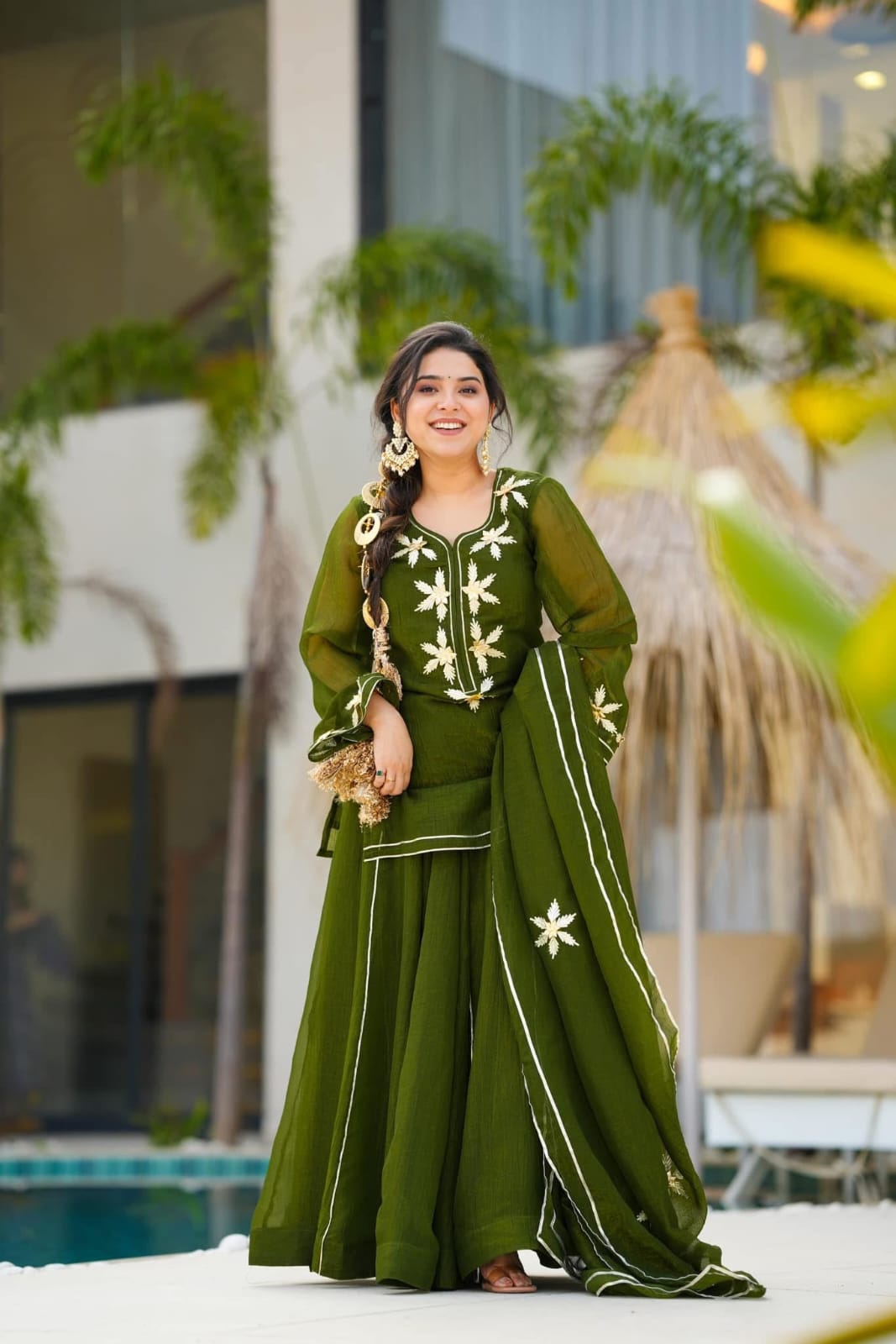 Heavenly Handmade Chiffon Kurta Sharara Palazzo Set with Hand Charkhi Gota Patti Work & Dupatta