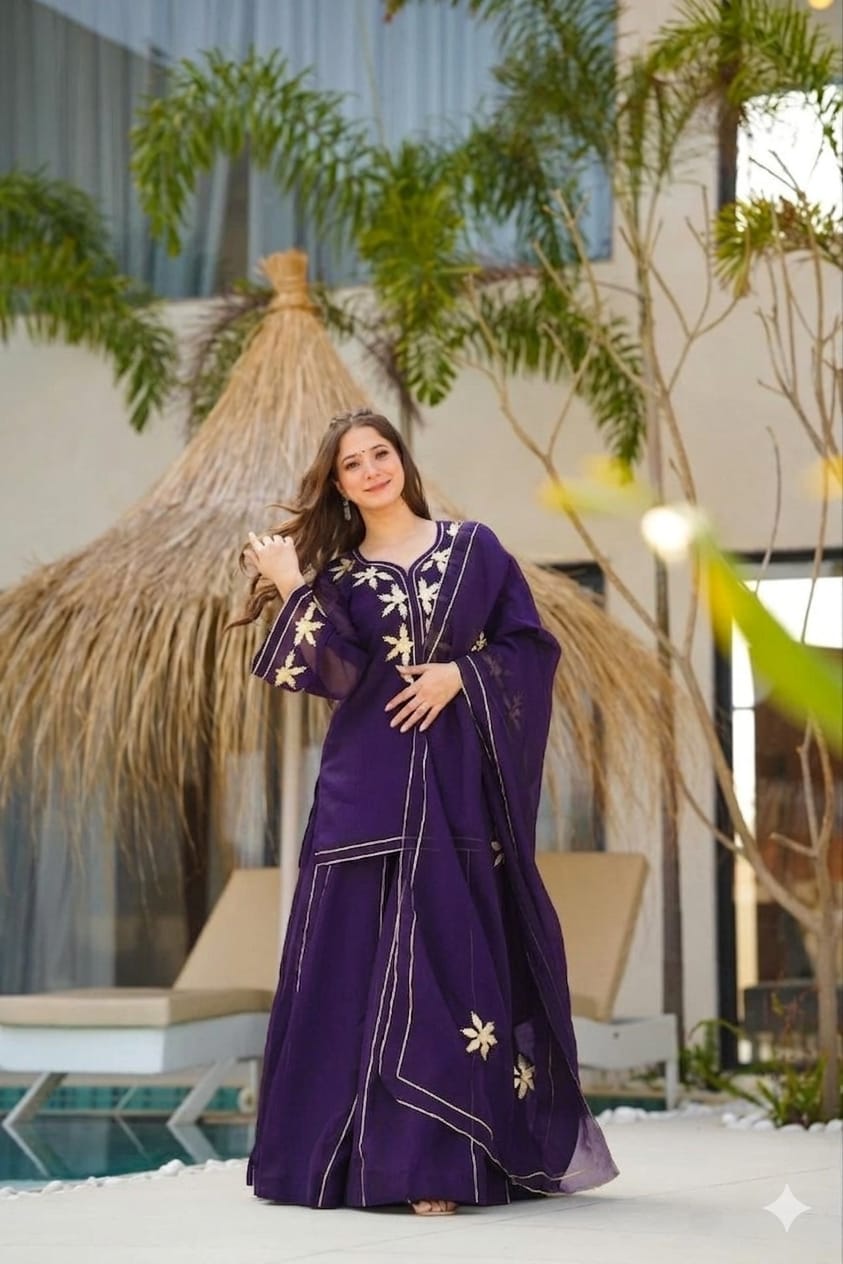 Heavenly Handmade Chiffon Kurta Sharara Palazzo Set with Hand Charkhi Gota Patti Work & Dupatta