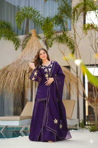 Heavenly Handmade Chiffon Kurta Sharara Palazzo Set with Hand Charkhi Gota Patti Work & Dupatta