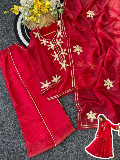 Heavenly Handmade Chiffon Kurta Sharara Palazzo Set with Hand Charkhi Gota Patti Work & Dupatta