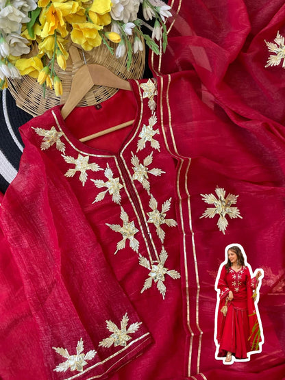 Heavenly Handmade Chiffon Kurta Sharara Palazzo Set with Hand Charkhi Gota Patti Work & Dupatta