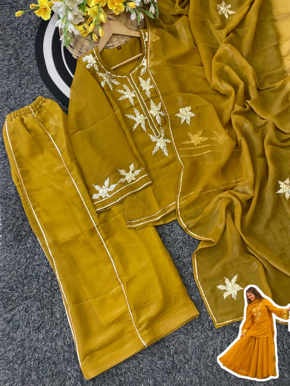Heavenly Handmade Chiffon Kurta Sharara Palazzo Set with Hand Charkhi Gota Patti Work & Dupatta