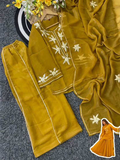 Heavenly Handmade Chiffon Kurta Sharara Palazzo Set with Hand Charkhi Gota Patti Work & Dupatta