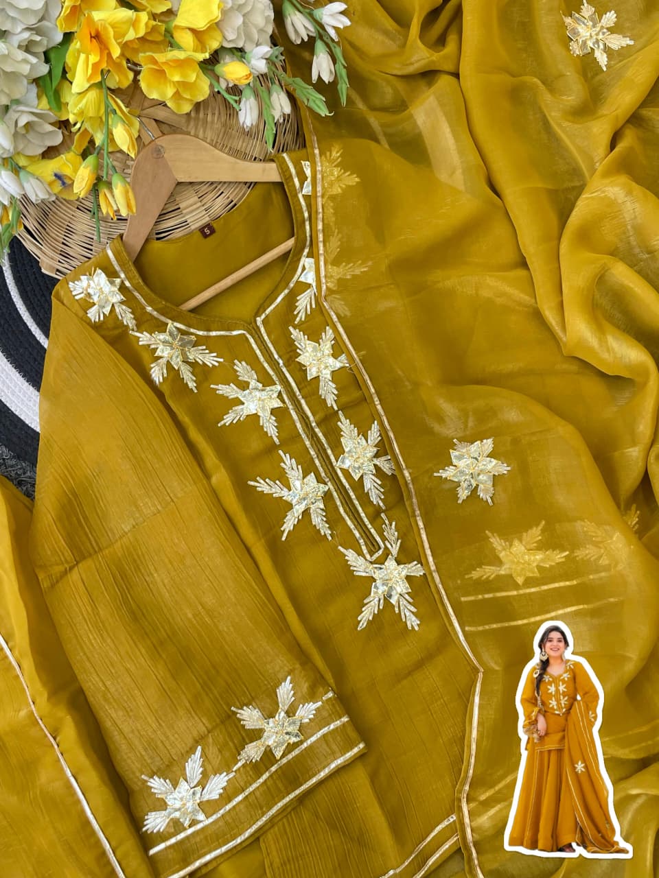 Heavenly Handmade Chiffon Kurta Sharara Palazzo Set with Hand Charkhi Gota Patti Work & Dupatta