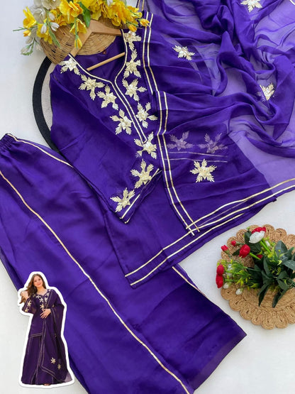 Heavenly Handmade Chiffon Kurta Sharara Palazzo Set with Hand Charkhi Gota Patti Work & Dupatta