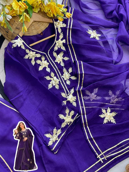 Heavenly Handmade Chiffon Kurta Sharara Palazzo Set with Hand Charkhi Gota Patti Work & Dupatta