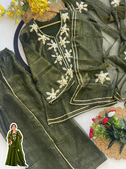 Heavenly Handmade Chiffon Kurta Sharara Palazzo Set with Hand Charkhi Gota Patti Work & Dupatta