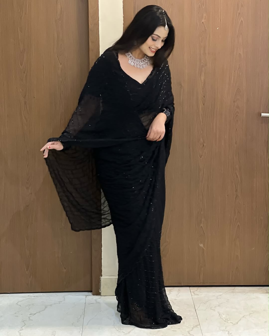 Fox Georgette Saree with Khatli Cut Dana Handwork & Diamond Work | Designer Party Wear Saree with Heavy Work Blouse