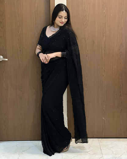 Fox Georgette Saree with Khatli Cut Dana Handwork & Diamond Work | Designer Party Wear Saree with Heavy Work Blouse