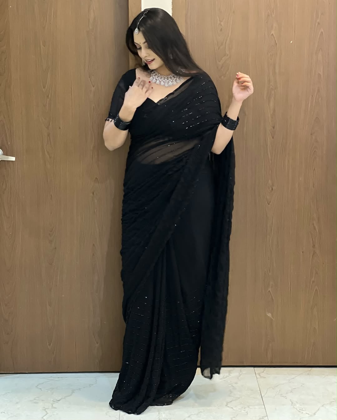 Fox Georgette Saree with Khatli Cut Dana Handwork & Diamond Work | Designer Party Wear Saree with Heavy Work Blouse