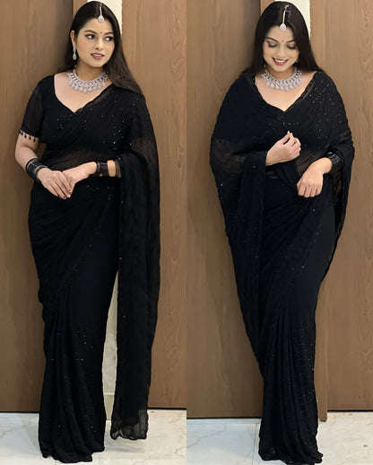 Fox Georgette Saree with Khatli Cut Dana Handwork & Diamond Work | Designer Party Wear Saree with Heavy Work Blouse