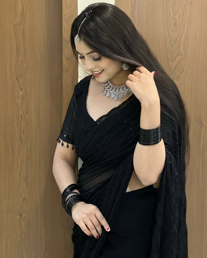 Fox Georgette Saree with Khatli Cut Dana Handwork & Diamond Work | Designer Party Wear Saree with Heavy Work Blouse