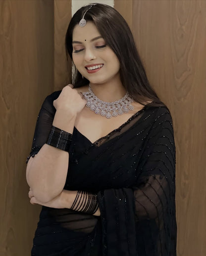 Fox Georgette Saree with Khatli Cut Dana Handwork & Diamond Work | Designer Party Wear Saree with Heavy Work Blouse