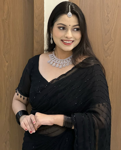 Fox Georgette Saree with Khatli Cut Dana Handwork & Diamond Work | Designer Party Wear Saree with Heavy Work Blouse