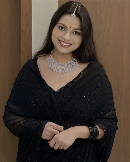 Fox Georgette Saree with Khatli Cut Dana Handwork & Diamond Work | Designer Party Wear Saree with Heavy Work Blouse