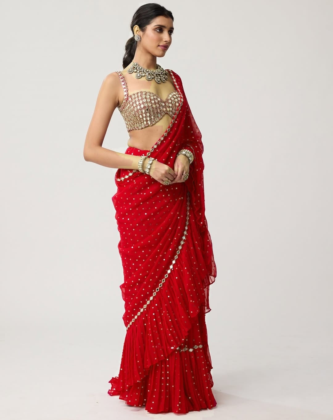Bollywood Crush Pleated Faux Georgette Saree with Sequins Work