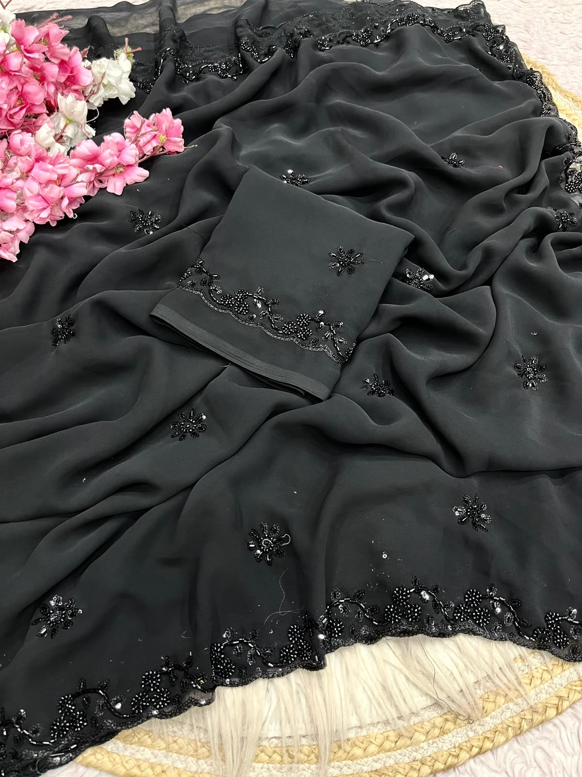 Bollywood Georgette Saree with Sequins Beads C-Pallu Work & Arco Border | Designer Party Wear Saree with Unstitched Blouse