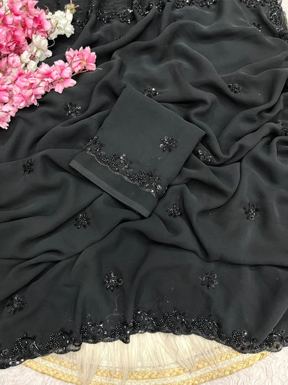Bollywood Georgette Saree with Sequins Beads C-Pallu Work & Arco Border | Designer Party Wear Saree with Unstitched Blouse