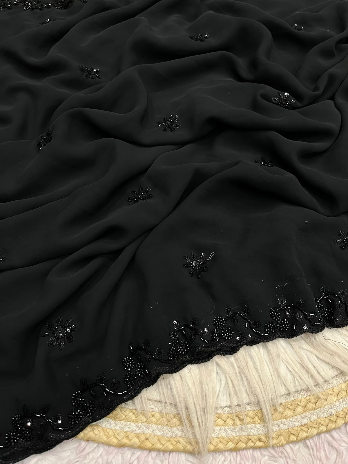 Bollywood Georgette Saree with Sequins Beads C-Pallu Work & Arco Border | Designer Party Wear Saree with Unstitched Blouse