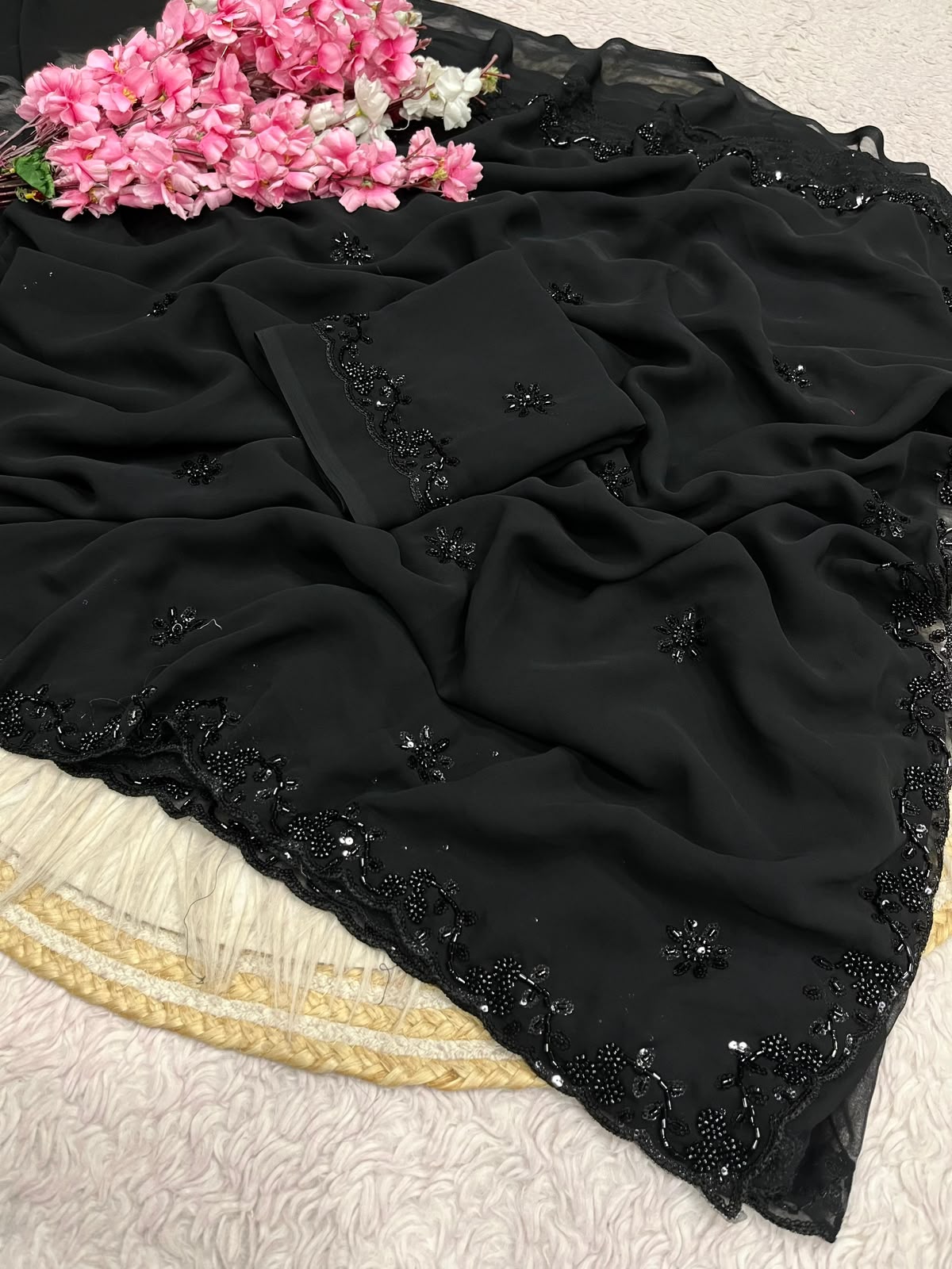 Bollywood Georgette Saree with Sequins Beads C-Pallu Work & Arco Border | Designer Party Wear Saree with Unstitched Blouse