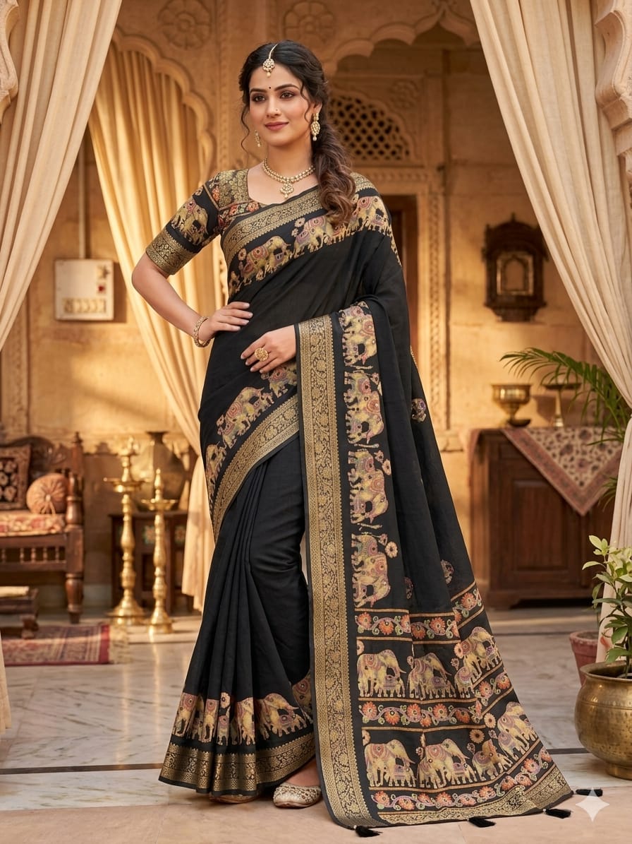 Premium Pure Marsh Mellow Silk Saree with Aari Mirror Work & Rich Pallu | Elephant Print Designer Saree for Women
