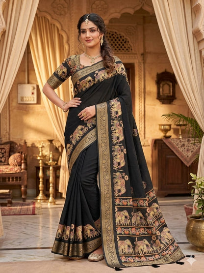 Premium Pure Marsh Mellow Silk Saree with Aari Mirror Work & Rich Pallu | Elephant Print Designer Saree for Women