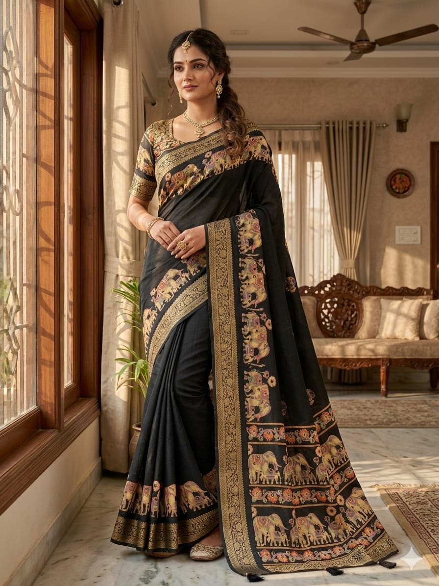 Premium Pure Marsh Mellow Silk Saree with Aari Mirror Work & Rich Pallu | Elephant Print Designer Saree for Women