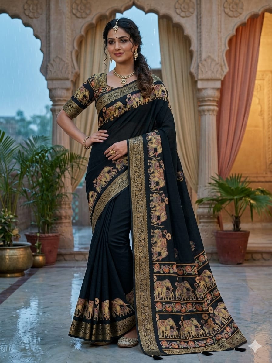 Premium Pure Marsh Mellow Silk Saree with Aari Mirror Work & Rich Pallu | Elephant Print Designer Saree for Women