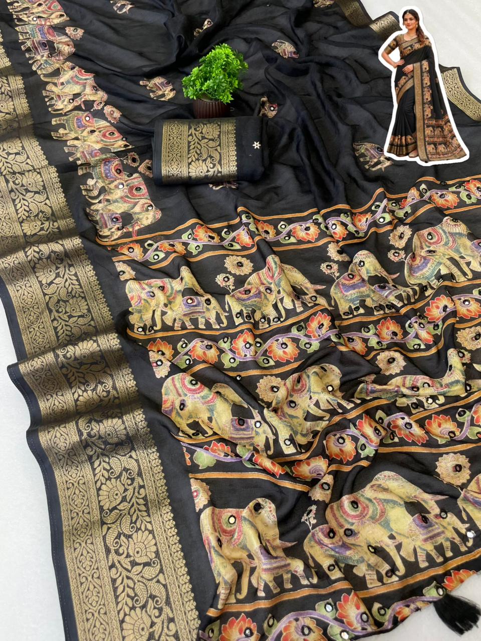 Premium Pure Marsh Mellow Silk Saree with Aari Mirror Work & Rich Pallu | Elephant Print Designer Saree for Women