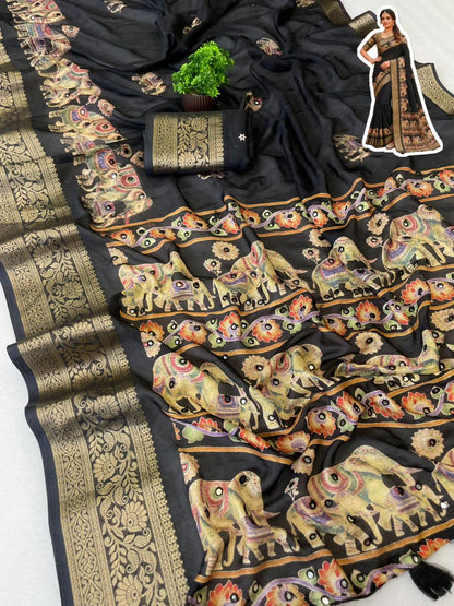 Premium Pure Marsh Mellow Silk Saree with Aari Mirror Work & Rich Pallu | Elephant Print Designer Saree for Women