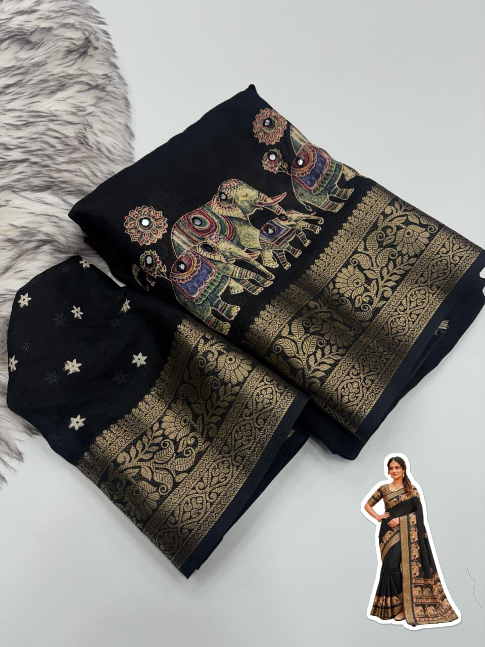 Premium Pure Marsh Mellow Silk Saree with Aari Mirror Work & Rich Pallu | Elephant Print Designer Saree for Women