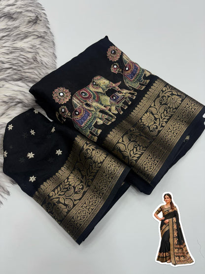 Premium Pure Marsh Mellow Silk Saree with Aari Mirror Work & Rich Pallu | Elephant Print Designer Saree for Women